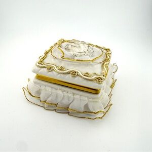 Vintage Lace Jewelry Box Gold Trim Fabric Trinket Box
